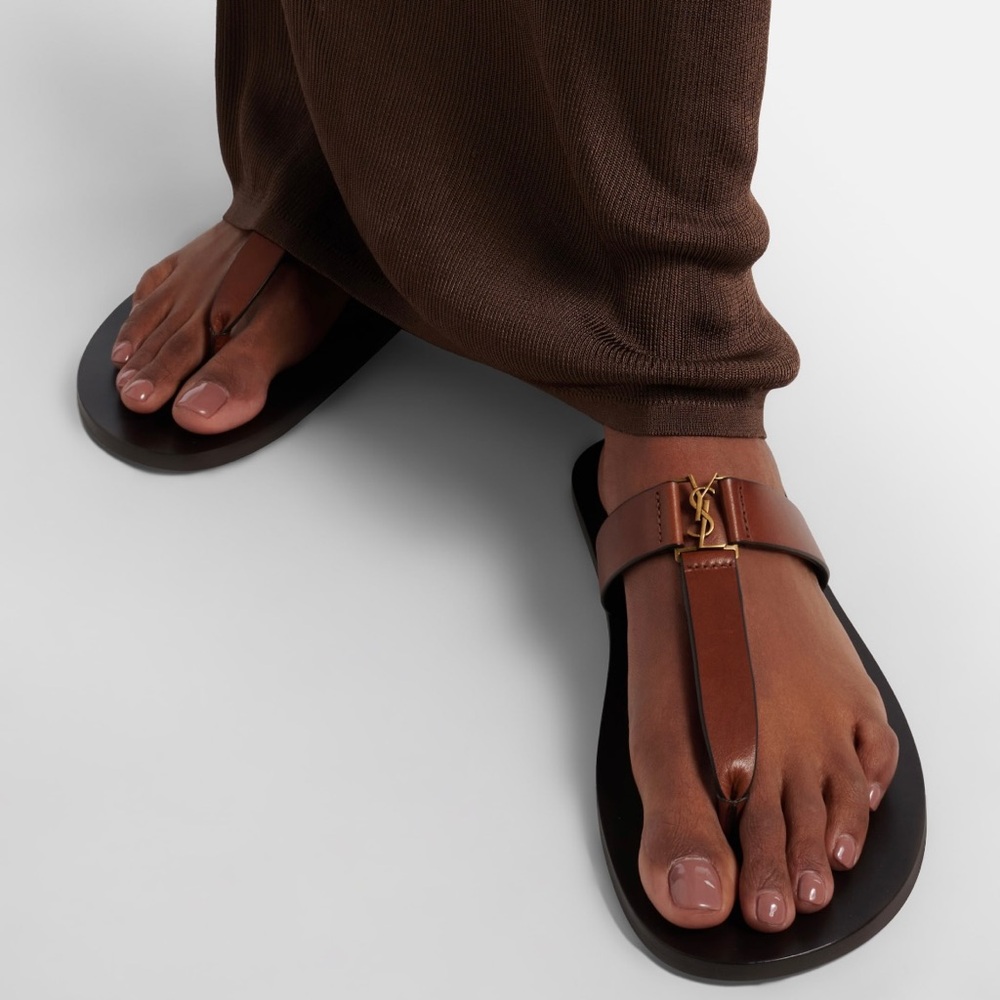 SAINT LAURENT Babylone YSL logo leather thong sandals - Picture 2 of 6